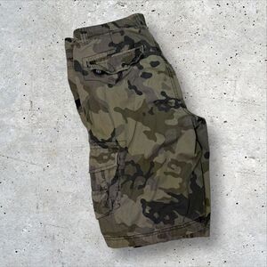 No Fear Camo Cargo Shorts Size 30 Streetwear Y2K Skater Utility Pockets Green